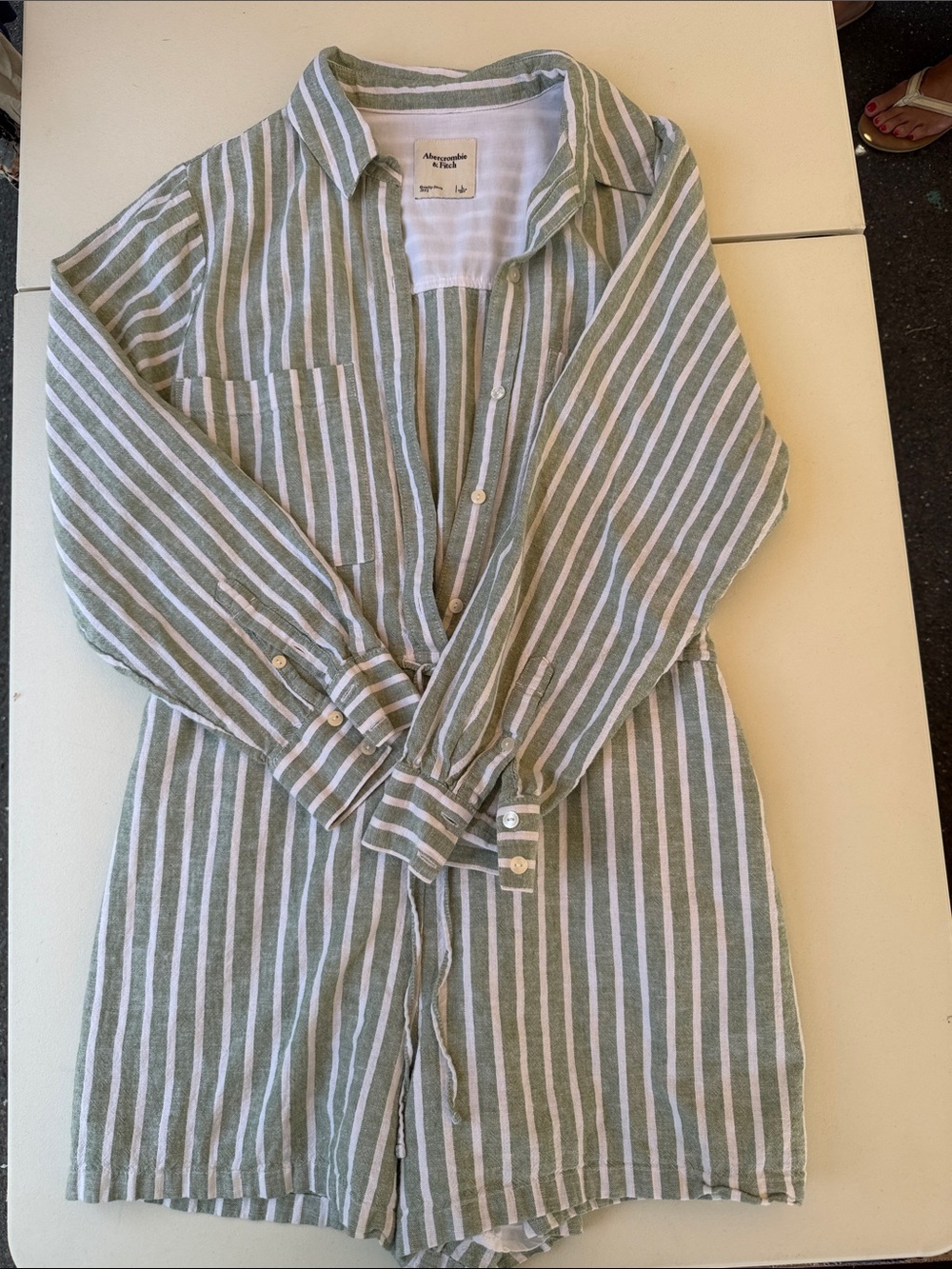 Abercrombie & Fitch Green and White Striped Linen Romper
